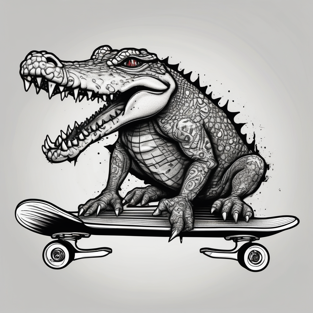 crocodile riding a skateboard with piercings and tattoos half sleeve tattoos for men, AI-generated Black and White tattoo design